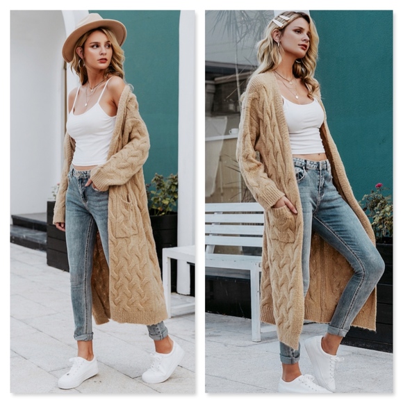 Open Cable Knit Cardigan, Long w/Pockets, Khaki - Picture 2 of 9